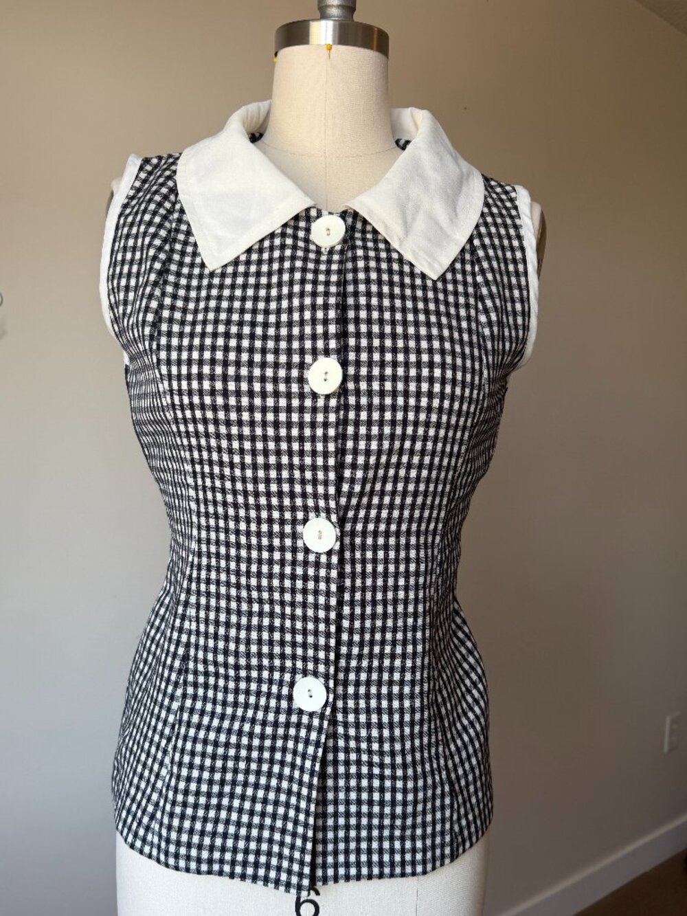 Black White Gingham Sleeveless Top | Coquette Button Up Blouse | Vintage Shirt S